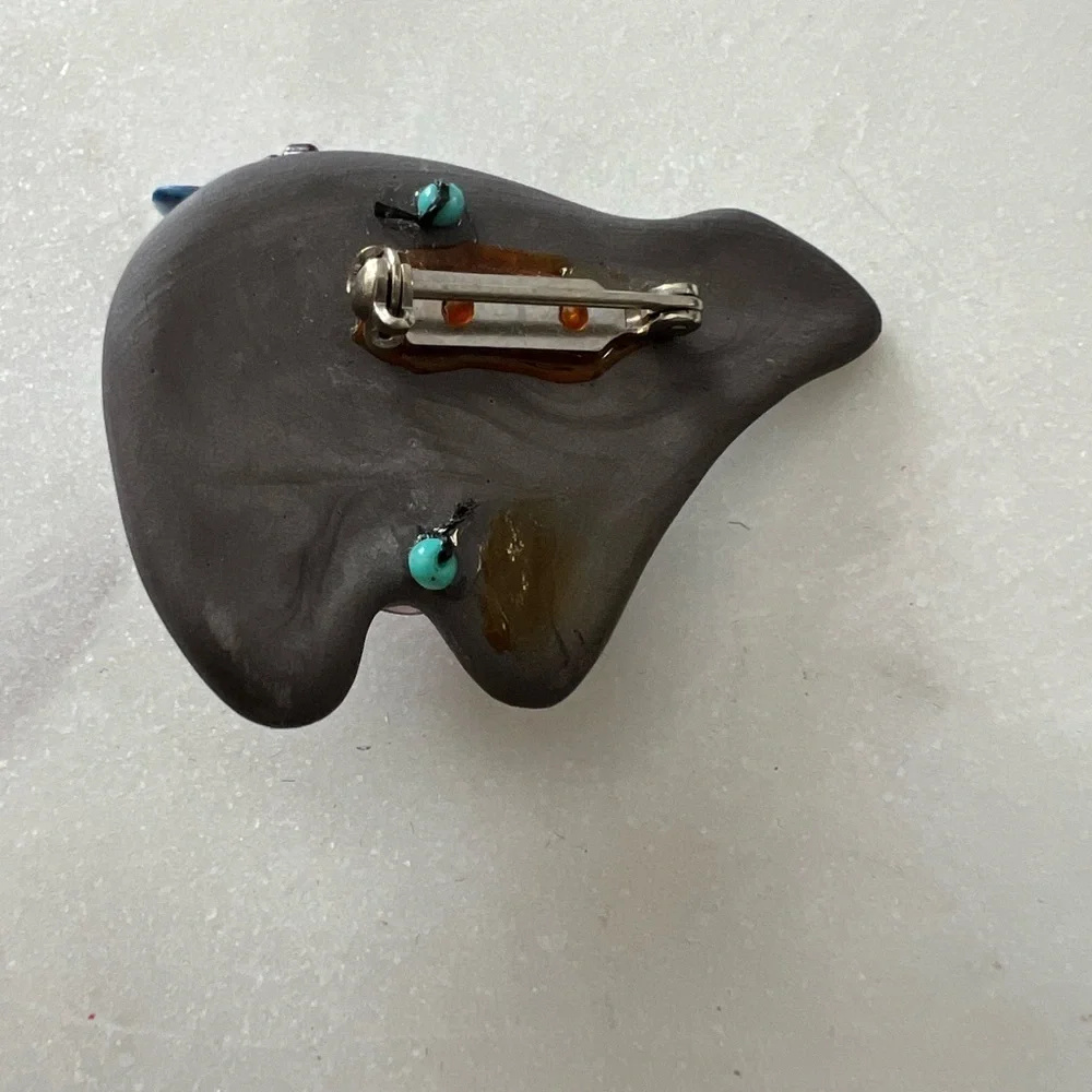 Vintage Turquoise color and Blue Beaded Brooch with stone shaped bear